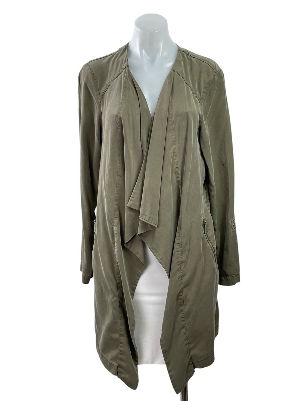 Lila Rose Olive Green Drape Waterfall Long Sleeve Open Cardigan Sweater Top Sz M